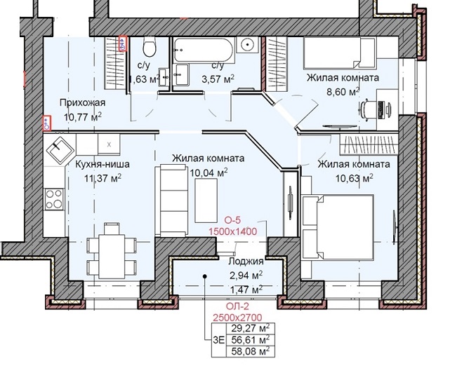планировка квартиры 58 м2